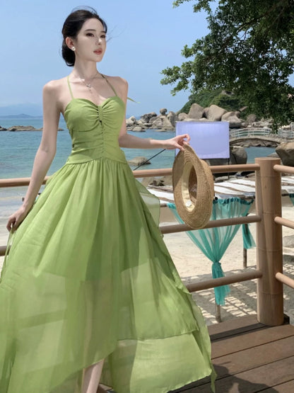 Modest A line Halter Green Chiffon Ideas For Women Long Birthday Dresses Beach Holiday Summer Outfits N3147