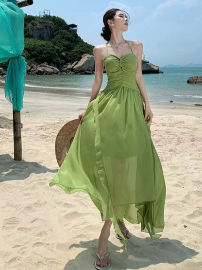 Modest A line Halter Green Chiffon Ideas For Women Long Birthday Dresses Beach Holiday Summer Outfits N3147