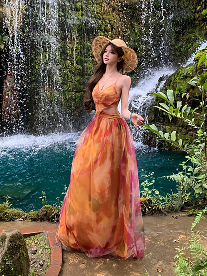Modest A line Floral Chiffon Ideas For Women Backless Long Birthday Dresses Beach Holiday Summer Outfits N3148
