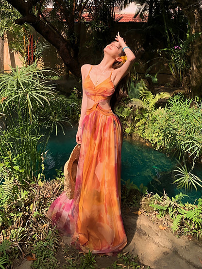 Modest A line Floral Chiffon Ideas For Women Backless Long Birthday Dresses Beach Holiday Summer Outfits N3148