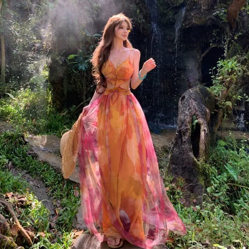 Modest A line Floral Chiffon Ideas For Women Backless Long Birthday Dresses Beach Holiday Summer Outfits N3148