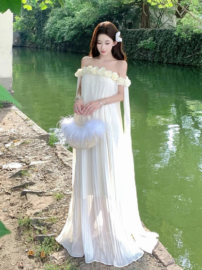 Simple A line Off The Shoulder White Chiffon Ideas For Women Long Birthday Dresses Beach Holiday Summer Outfits N3149