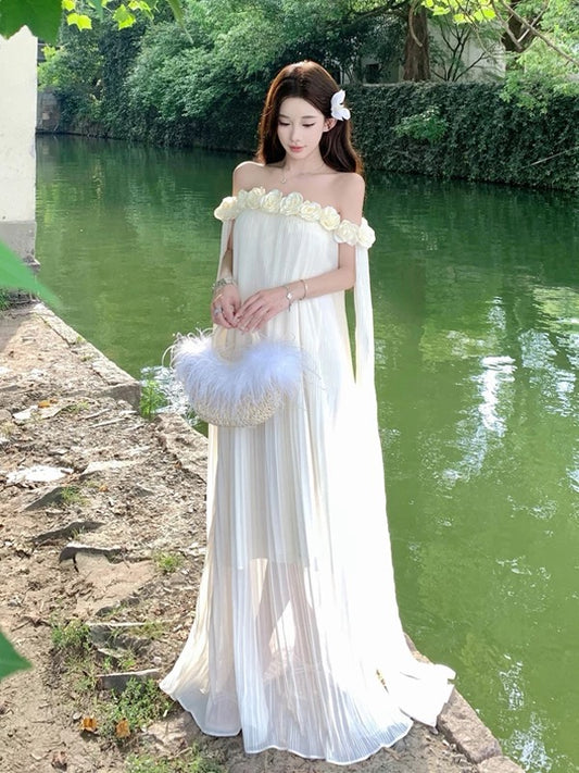 Simple A line Off The Shoulder White Chiffon Ideas For Women Long Birthday Dresses Beach Holiday Summer Outfits N3149