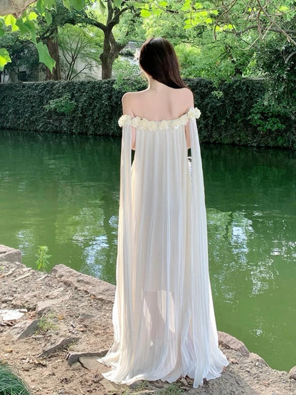 Simple A line Off The Shoulder White Chiffon Ideas For Women Long Birthday Dresses Beach Holiday Summer Outfits N3149