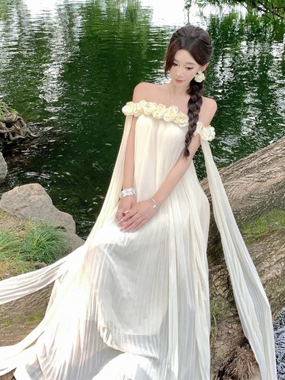 Simple A line Off The Shoulder White Chiffon Ideas For Women Long Birthday Dresses Beach Holiday Summer Outfits N3149
