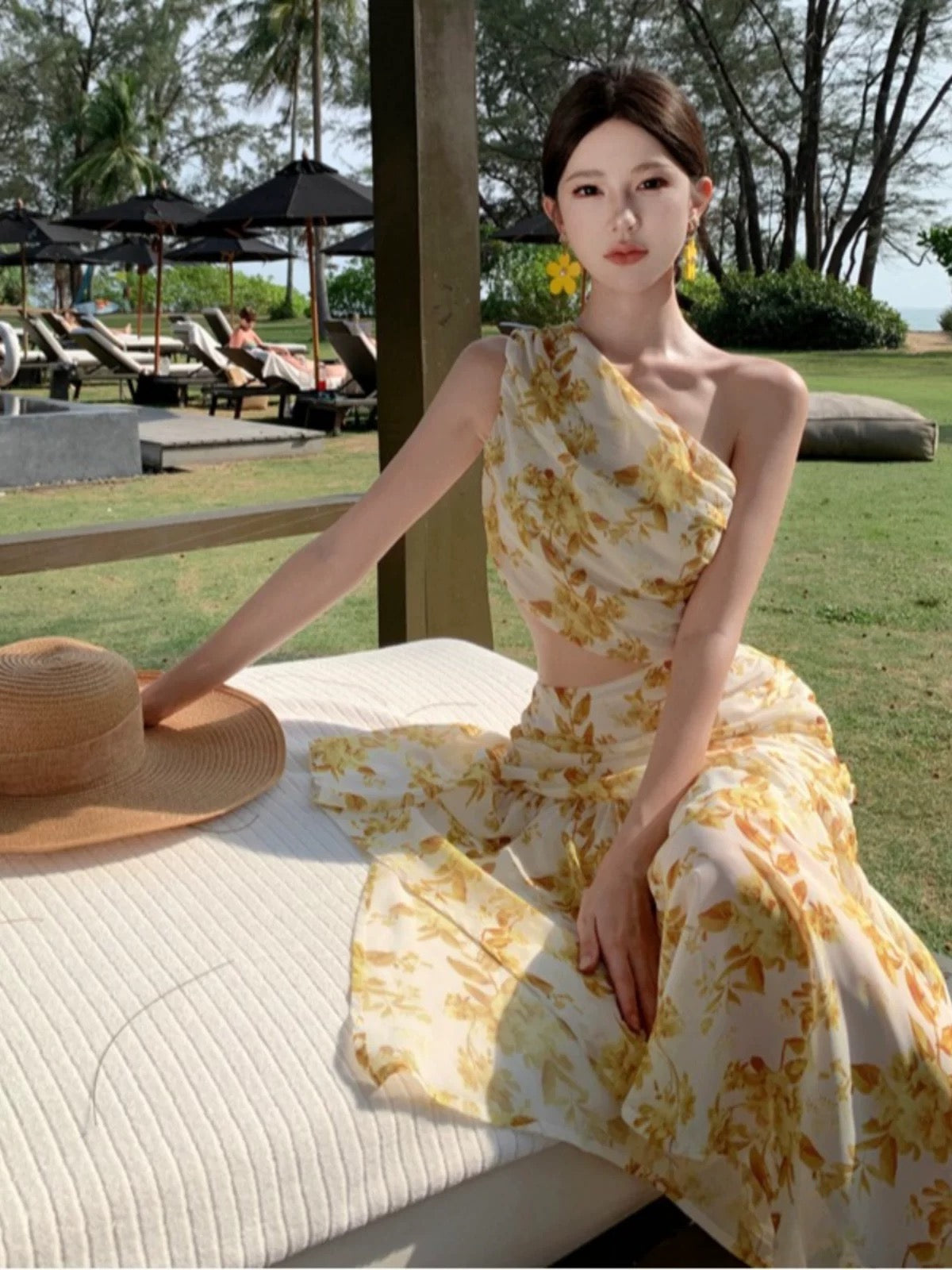 Modest Mermaid One Shoulder Yellow Floral Chiffon Ideas For Women Long Birthday Dresses Beach Holiday Summer Outfits N31450