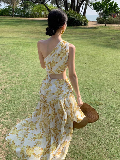 Modest Mermaid One Shoulder Yellow Floral Chiffon Ideas For Women Long Birthday Dresses Beach Holiday Summer Outfits N31450