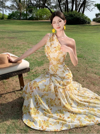 Modest Mermaid One Shoulder Yellow Floral Chiffon Ideas For Women Long Birthday Dresses Beach Holiday Summer Outfits N31450