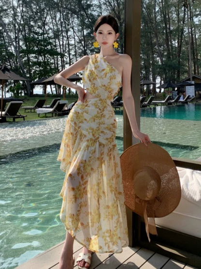 Modest Mermaid One Shoulder Yellow Floral Chiffon Ideas For Women Long Birthday Dresses Beach Holiday Summer Outfits N31450