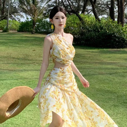 Modest Mermaid One Shoulder Yellow Floral Chiffon Ideas For Women Long Birthday Dresses Beach Holiday Summer Outfits N31450