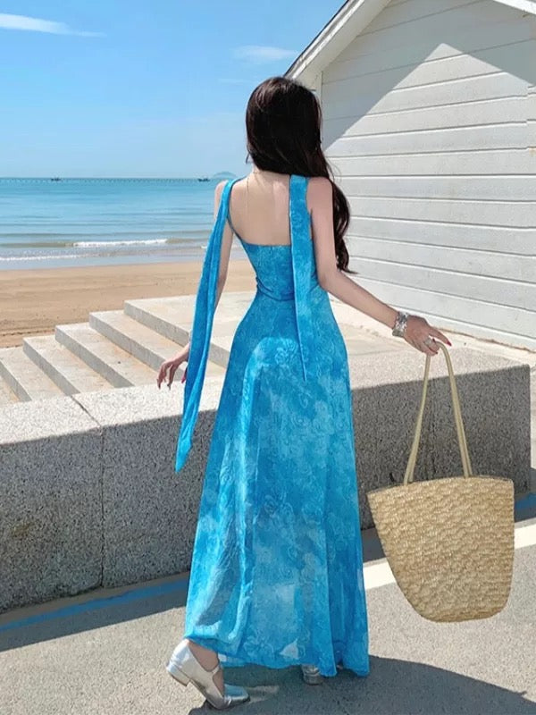 Simple A line Spaghetti Strap Blue Lace Ideas For Women Long Birthday Dresses Beach Holiday Summer Outfits N3151