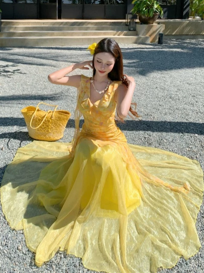 Modest Mermaid V Neck Yellow Floral Chiffon Ideas For Women Long Birthday Dresses Beach Holiday Summer Outfits N3152