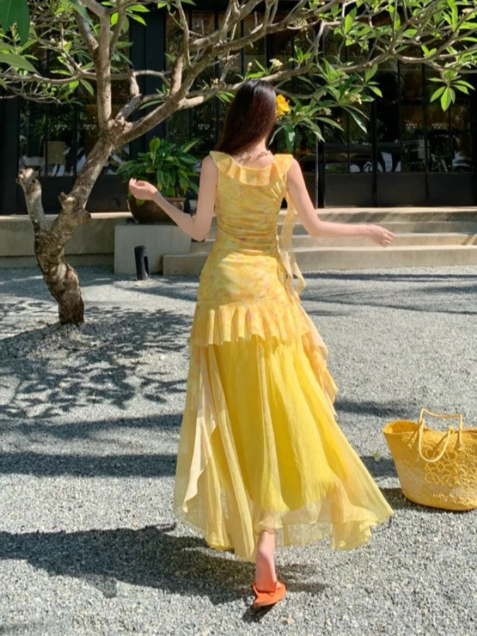 Modest Mermaid V Neck Yellow Floral Chiffon Ideas For Women Long Birthday Dresses Beach Holiday Summer Outfits N3152