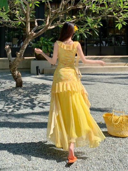 Modest Mermaid V Neck Yellow Floral Chiffon Ideas For Women Long Birthday Dresses Beach Holiday Summer Outfits N3152