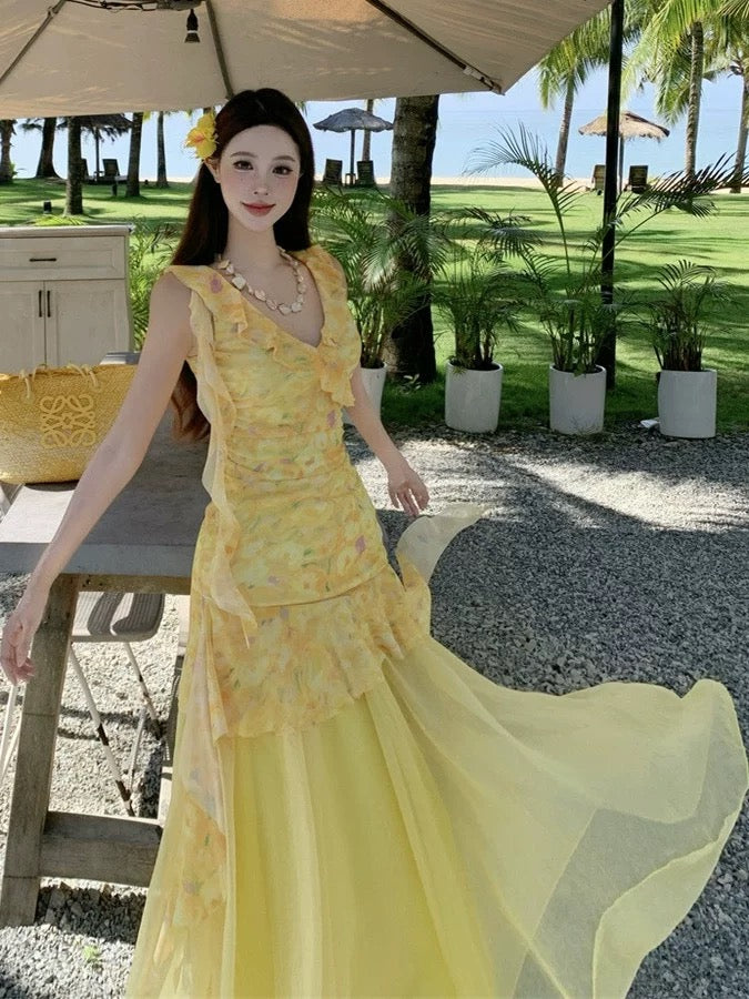 Modest Mermaid V Neck Yellow Floral Chiffon Ideas For Women Long Birthday Dresses Beach Holiday Summer Outfits N3152