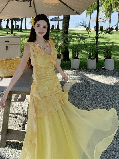 Modest Mermaid V Neck Yellow Floral Chiffon Ideas For Women Long Birthday Dresses Beach Holiday Summer Outfits N3152
