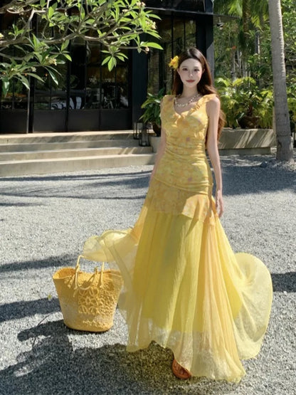 Modest Mermaid V Neck Yellow Floral Chiffon Ideas For Women Long Birthday Dresses Beach Holiday Summer Outfits N3152