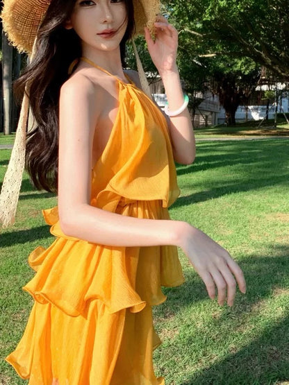 Modest A Line Halter Yellow Chiffon Ideas For Women Short Hoco Birthday Dresses Beach Holiday Summer Outfits N3153