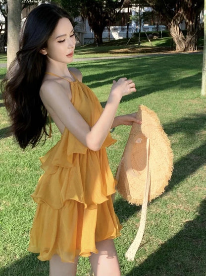 Modest A Line Halter Yellow Chiffon Ideas For Women Short Hoco Birthday Dresses Beach Holiday Summer Outfits N3153