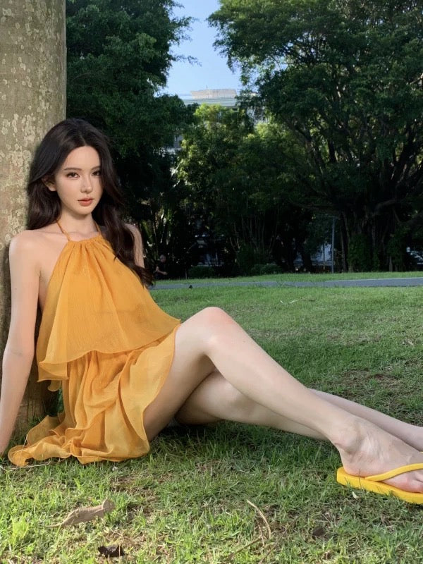 Modest A Line Halter Yellow Chiffon Ideas For Women Short Hoco Birthday Dresses Beach Holiday Summer Outfits N3153
