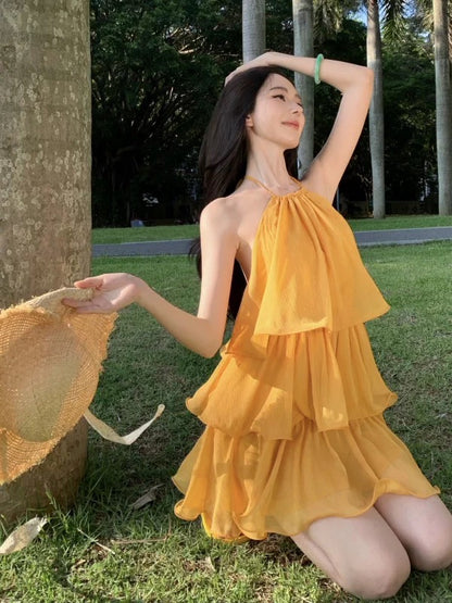 Modest A Line Halter Yellow Chiffon Ideas For Women Short Hoco Birthday Dresses Beach Holiday Summer Outfits N3153