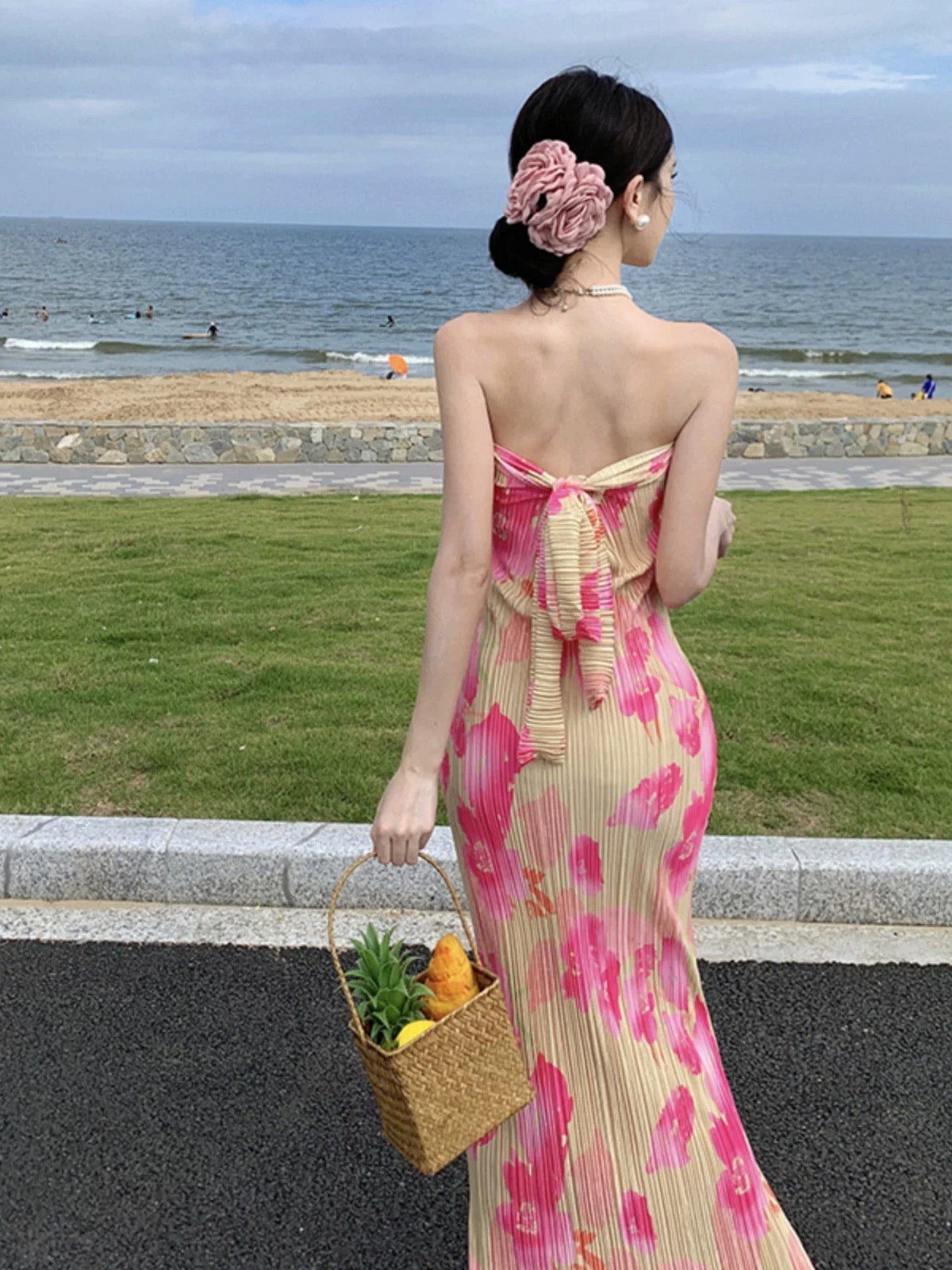 Simple Sheath Strapless Floral Ideas For Women Long Birthday Dresses Beach Holiday Summer Outfits N3154