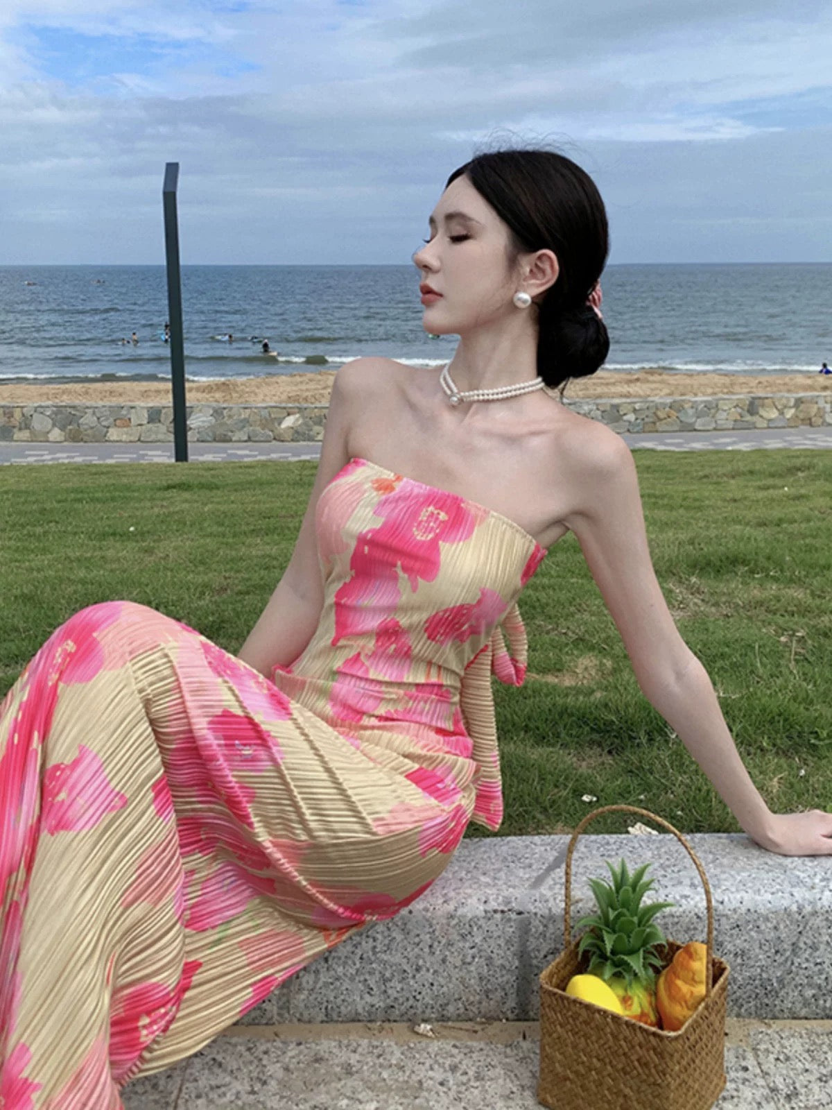 Simple Sheath Strapless Floral Ideas For Women Long Birthday Dresses Beach Holiday Summer Outfits N3154