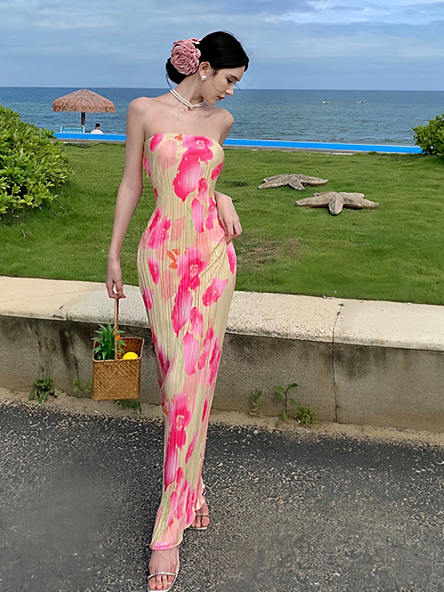 Simple Sheath Strapless Floral Ideas For Women Long Birthday Dresses Beach Holiday Summer Outfits N3154
