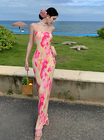 Simple Sheath Strapless Floral Ideas For Women Long Birthday Dresses Beach Holiday Summer Outfits N3154