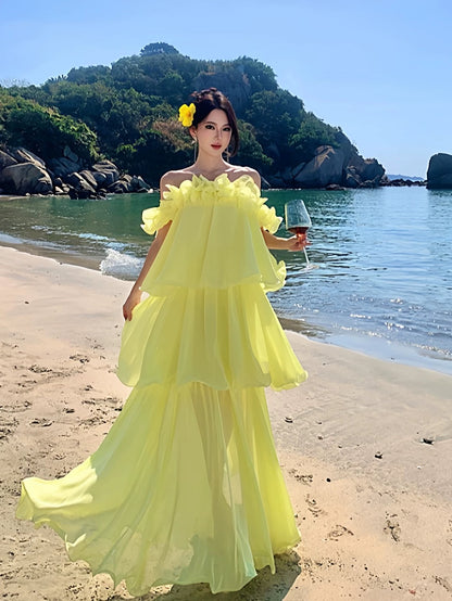 Simple A line Off The Shoulder Yellow Chiffon Ideas For Women Long Birthday Dresses Beach Holiday Summer Outfits N3155