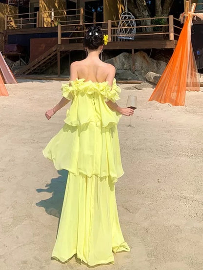 Simple A line Off The Shoulder Yellow Chiffon Ideas For Women Long Birthday Dresses Beach Holiday Summer Outfits N3155