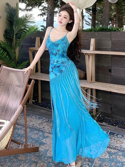 Simple Mermaid Spaghetti Strap Blue Chiffon Ideas For Women Long Birthday Dresses Beach Holiday Summer Outfits N3156