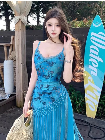 Simple Mermaid Spaghetti Strap Blue Chiffon Ideas For Women Long Birthday Dresses Beach Holiday Summer Outfits N3156