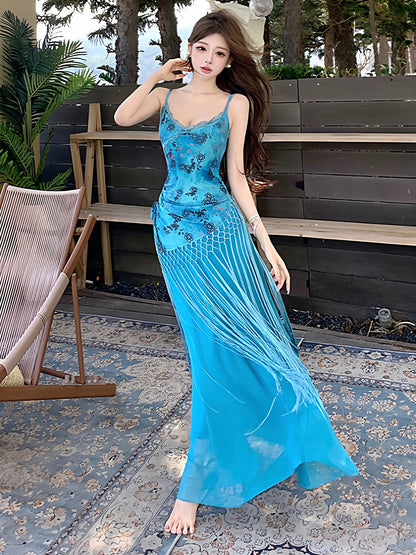 Simple Mermaid Spaghetti Strap Blue Chiffon Ideas For Women Long Birthday Dresses Beach Holiday Summer Outfits N3156