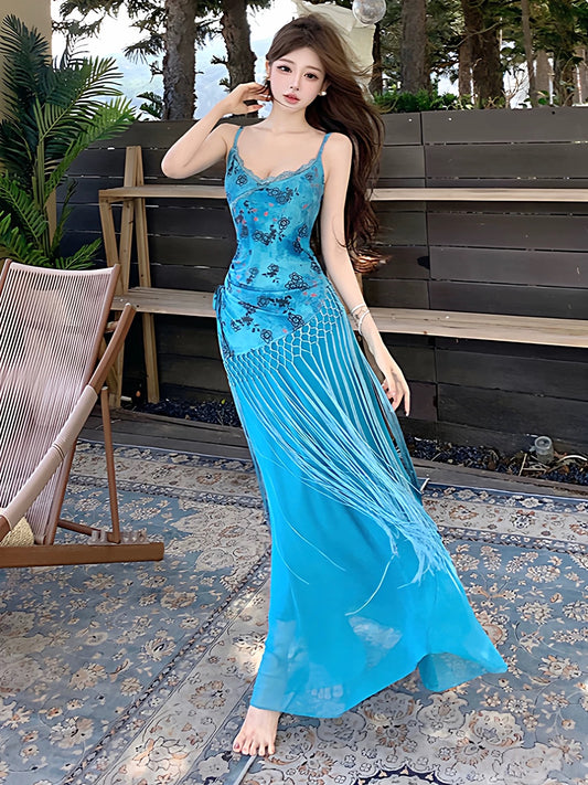 Simple Mermaid Spaghetti Strap Blue Chiffon Ideas For Women Long Birthday Dresses Beach Holiday Summer Outfits N3156