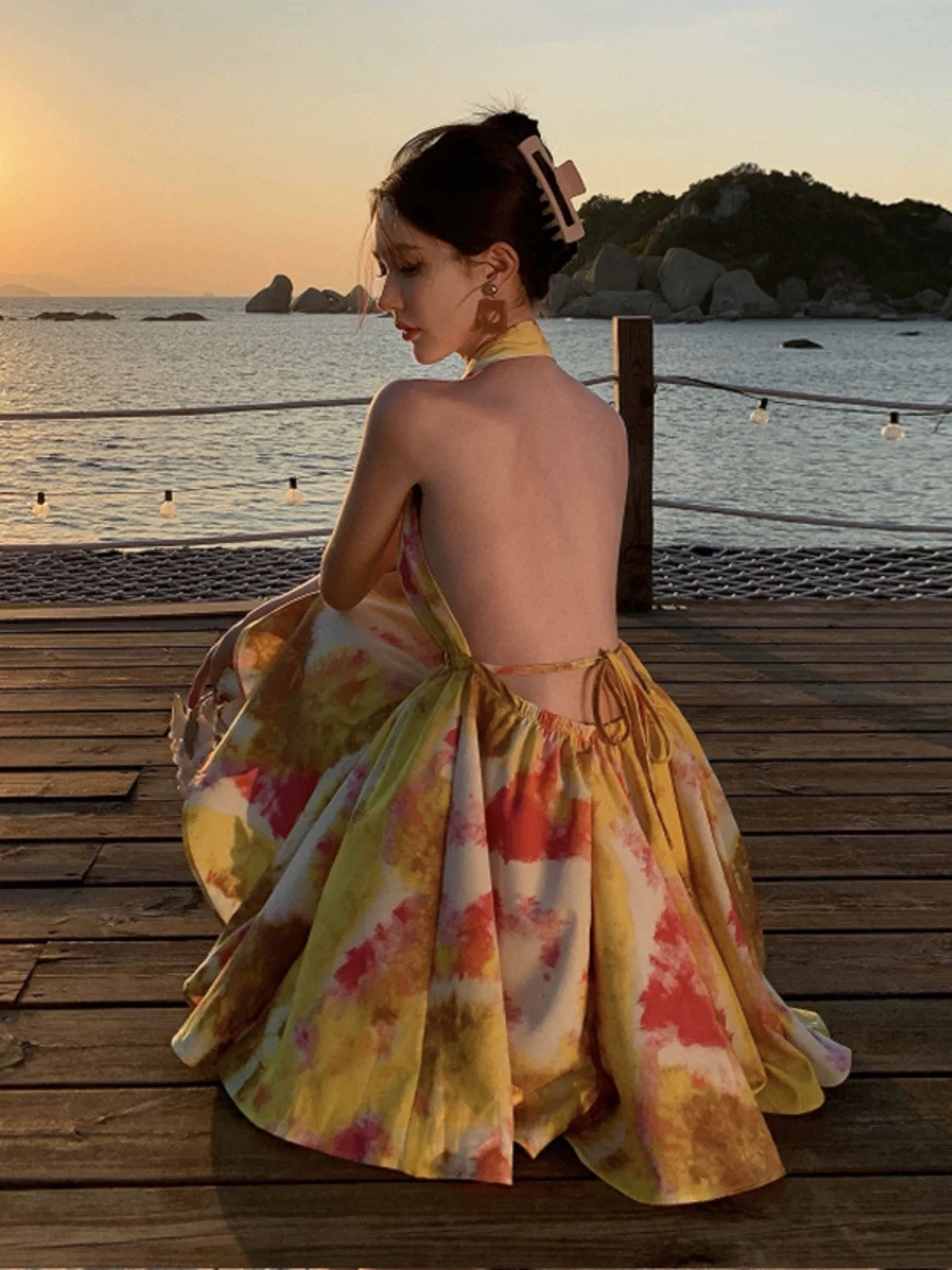 Modest A Line Halter Yellow Chiffon Ideas For Women Backless Short Birthday Dresses Beach Holiday Summer Outfits N3157