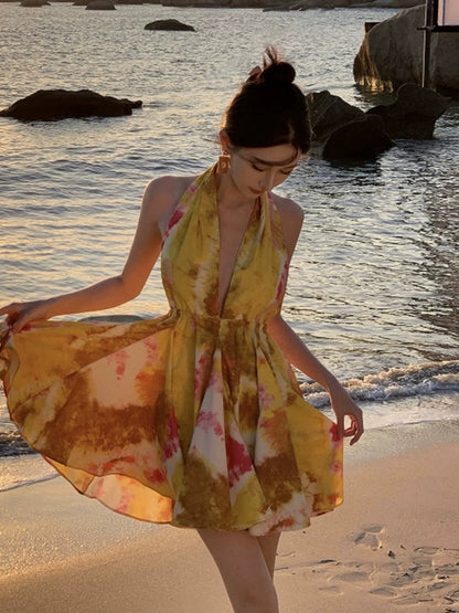 Modest A Line Halter Yellow Chiffon Ideas For Women Backless Short Birthday Dresses Beach Holiday Summer Outfits N3157