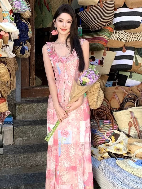 Sexy A line Square Neck Pink Chiffon Long Date Night 18th Birthday Outfits Formal Prom Dresses RB5718