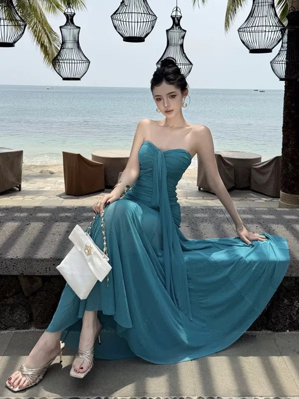 Sexy Mermaid Sweetheart Blue Chiffon Long Date Night 18th Birthday Outfits Formal Prom Dresses RB5719