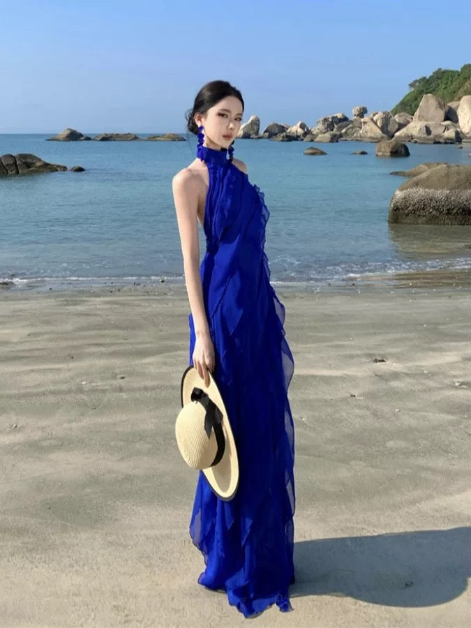 Sexy A line High Neck Royal Blue Chiffon Long Date Night 19th Birthday Outfits Formal Prom Dresses RB5721