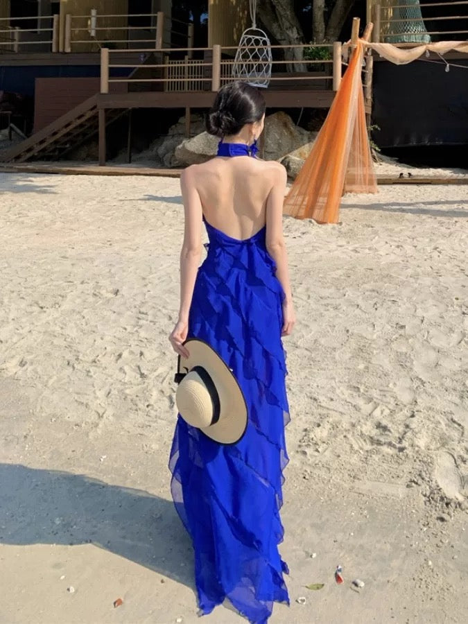 Sexy A line High Neck Royal Blue Chiffon Long Date Night 19th Birthday Outfits Formal Prom Dresses RB5721