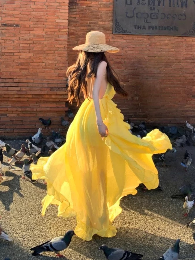 Sexy A line Halter Yellow Backless Chiffon Long Date Night 19th Birthday Outfits Formal Prom Dresses RB5722