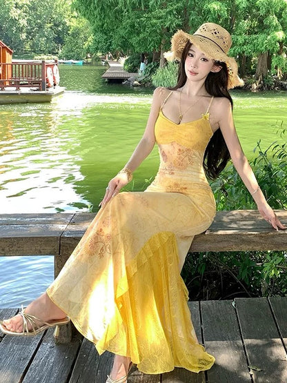 Sexy Mermaid Spaghetti Strap Yellow Floral Chiffon Cruise Ship Formal Night Evening Dresses 18th Birthday Outfit RB5724