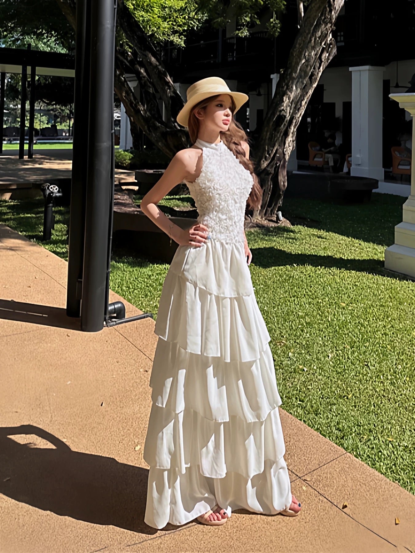Sexy A line High Neck White Lace Chiffon Long Date Night 19th Birthday Outfits Formal Prom Dresses RB5725