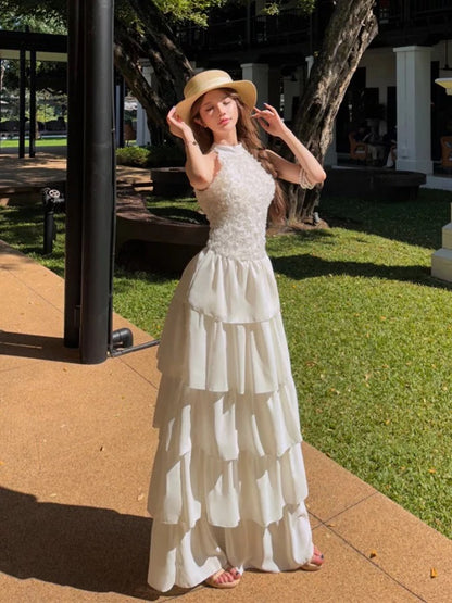 Sexy A line High Neck White Lace Chiffon Long Date Night 19th Birthday Outfits Formal Prom Dresses RB5725