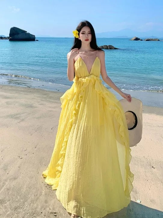 Sexy A line Halter Yellow Backless Chiffon Long Date Night 19th Birthday Outfits Formal Prom Dresses RB5722