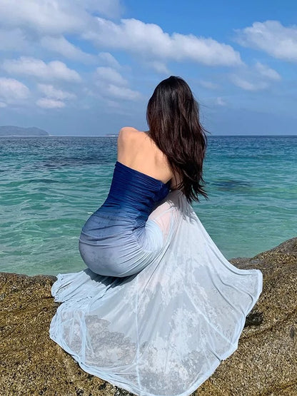 Sexy Mermaid Strapless Gradient Blue Colors Chiffon Cruise Ship Formal Night Evening Dresses 18th Birthday Outfit RB5726