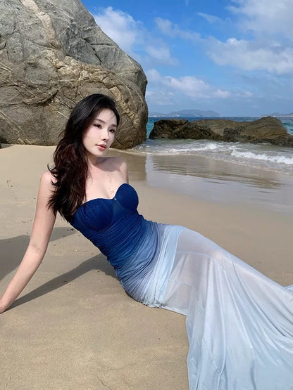 Sexy Mermaid Strapless Gradient Blue Colors Chiffon Cruise Ship Formal Night Evening Dresses 18th Birthday Outfit RB5726