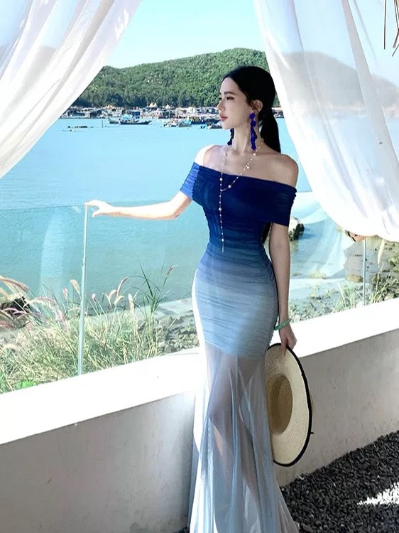 Sexy Mermaid Off The Shoulder Gradient Blue Colors Chiffon Cruise Ship Formal Night Evening Dresses 18th Birthday Outfit RB5727