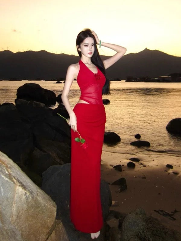 Sexy Mermaid Halter Red Chiffon Beach Holiday Outfits Chiffon Long Date Night 19th Birthday Outfit Formal Dresses RB5729